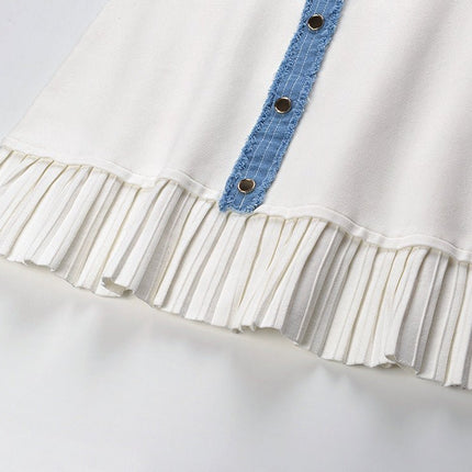 Beata White Knit and Denim Sleeveless Dress with Gold Buttons
