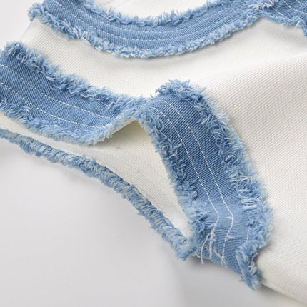 Beata White Knit and Denim Sleeveless Dress with Gold Buttons