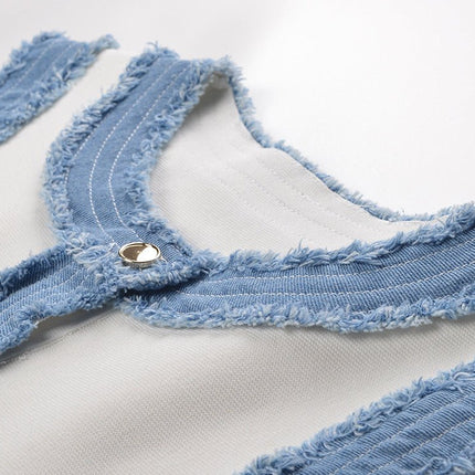 Beata White Knit and Denim Sleeveless Dress with Gold Buttons