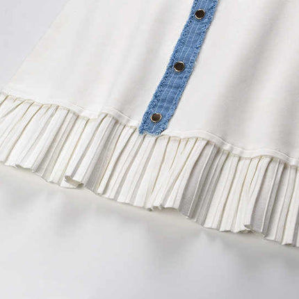 Beata White Knit and Denim Sleeveless Dress with Gold Buttons