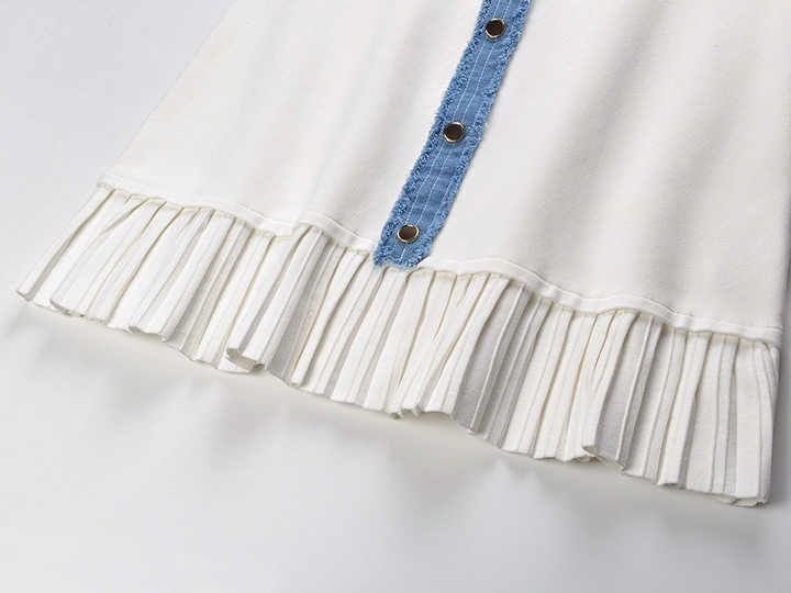 Beata White Knit and Denim Sleeveless Dress with Gold Buttons