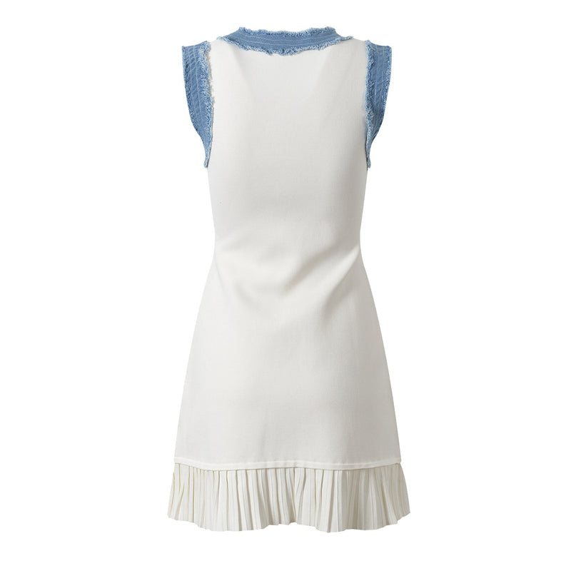 Beata White Knit and Denim Sleeveless Dress with Pleated Hem and Gold Buttons