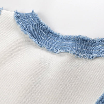 Beata White Knit and Denim Sleeveless Dress with Pleated Hem and Gold Buttons
