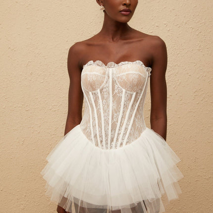 Beata White Lace Tulle Mini Dress Pleated Hem Off Shoulder Sleeveless Boned Bodice Cinched Waist Floral Paneling Lace-Up Fastening