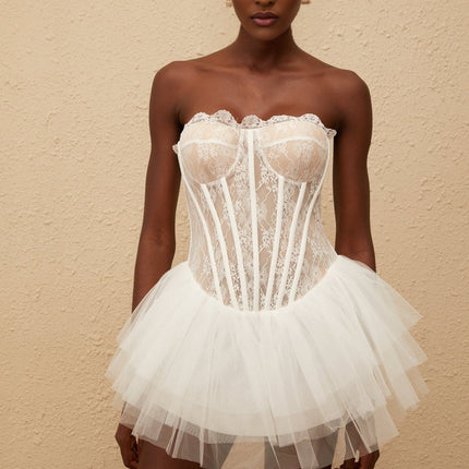 Beata White Lace and Tulle Pleated Hem Mini Dress