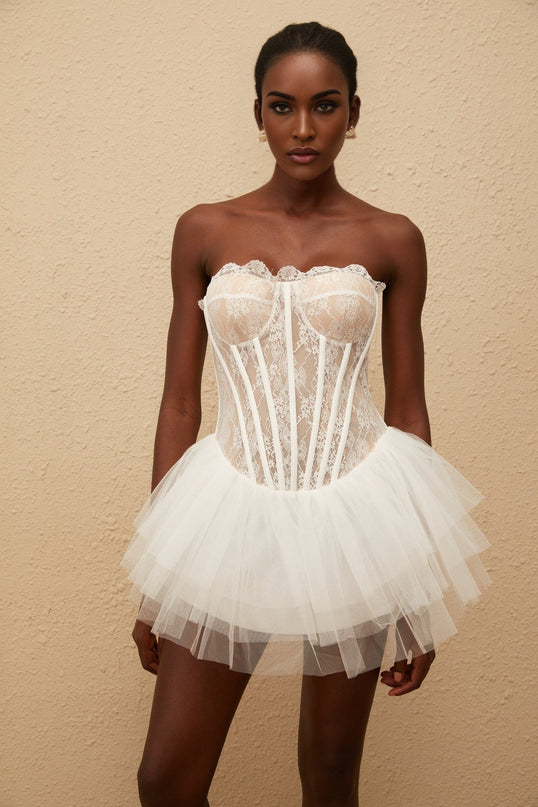 Beata White Lace and Tulle Pleated Hem Mini Dress