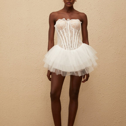 Beata White Lace Tulle Pleated Hem Mini Dress