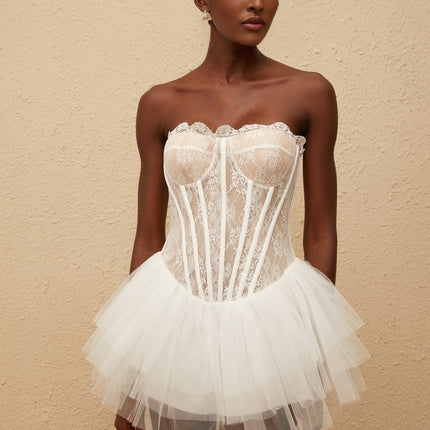 Beata White Lace Tulle Pleated Mini Dress