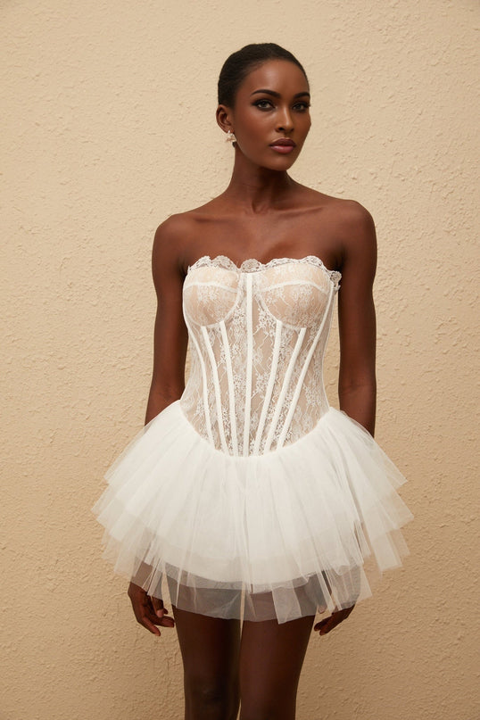 Beata White Lace Tulle Pleated Mini Dress