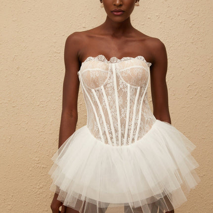 Beata White Lace Tulle Pleated Mini Dress