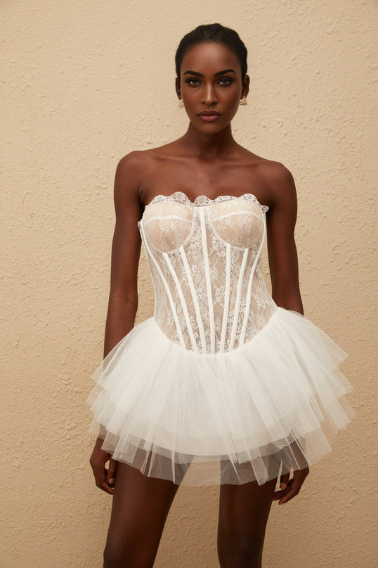 Beata White Lace Tulle Pleated Mini Dress