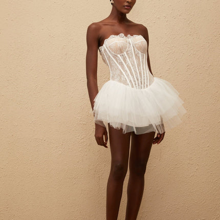 Beata White Lace Tulle Pleated Mini Dress