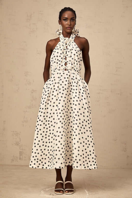 Beatrice White and Black Color Block Halterneck Midi Dress with Polka Dot Bow Embellishment and Cut-Out Detail