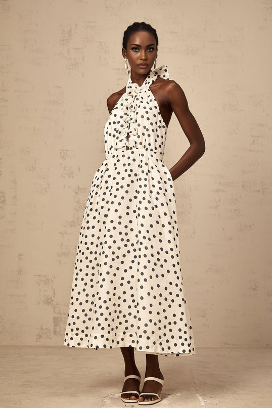 Beatrice White Black Color Block Halterneck Midi Dress with Polka Dot Bow Detail