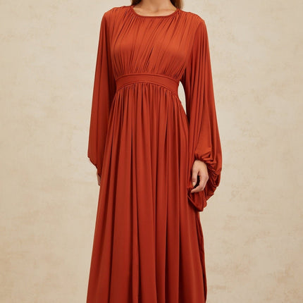 Beatrice Orange Maxi Dress with Puff Sleeves and Pleated Detailing