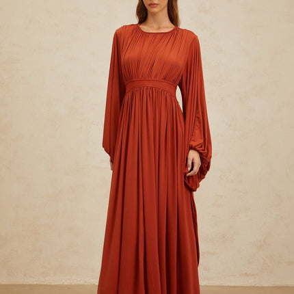 Beatrice Orange Maxi Dress with Puff Sleeves and Pleated Detailing