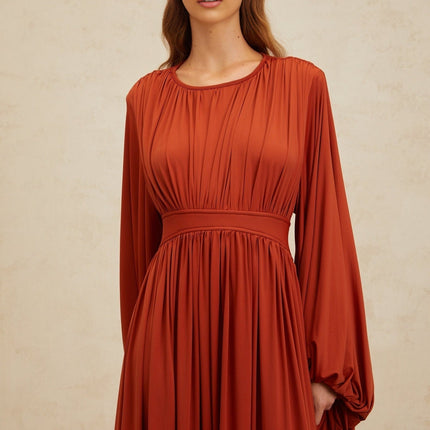 Beatrice Orange Maxi Dress with Puff Sleeves and Pleated Detailing