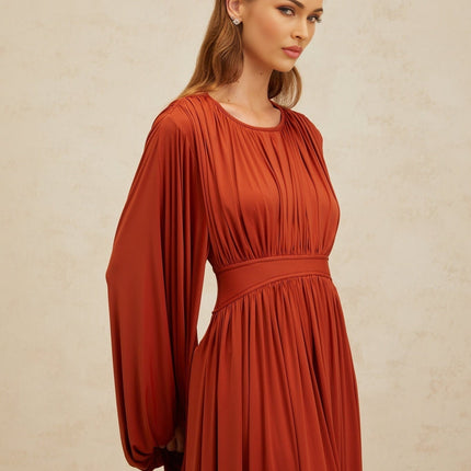 Beatrice Orange Maxi Dress with Puff Sleeves and Pleated Detailing