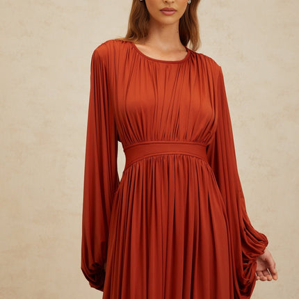 Beatrice Orange Maxi Dress with Puff Sleeves and Pleated Detailing