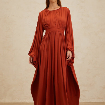 Beatrice Orange Maxi Dress with Puff Sleeves and Pleated Detailing