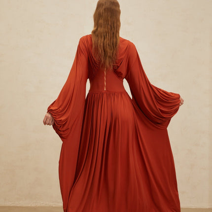 Beatrice Orange Maxi Dress with Puff Sleeves and Pleated Detailing