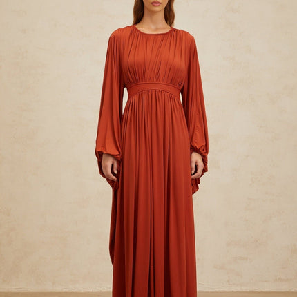 Beatrice Orange Maxi Dress with Puff Sleeves and Pleated Detailing