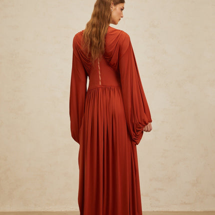 Beatrice Orange Maxi Dress with Puff Sleeves and Pleated Detailing