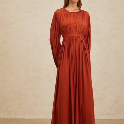 Beatrice Orange Maxi Dress with Puff Sleeves and Pleated Detailing