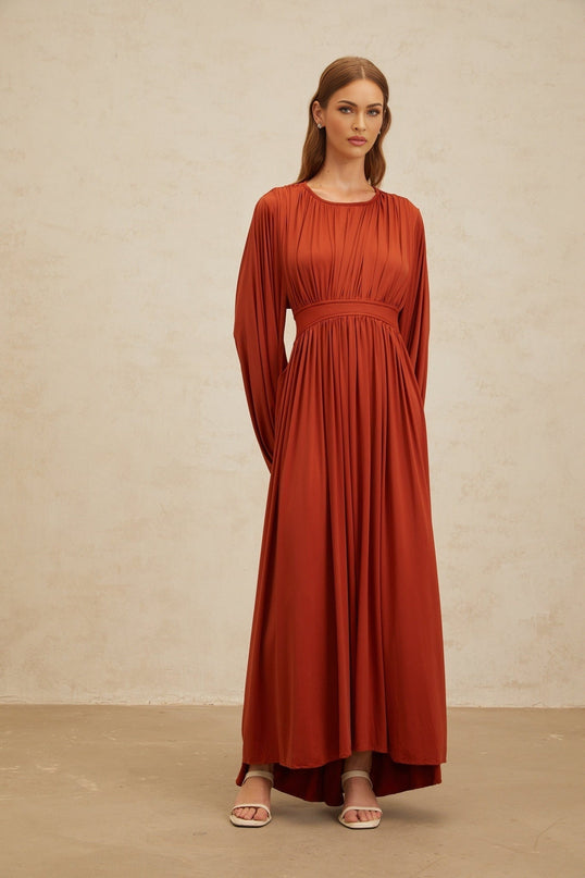 Beatrice Orange Maxi Dress with Puff Sleeves and Pleated Detailing