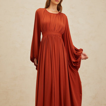 Beatrice Orange Maxi Dress with Puff Sleeves and Pleated Detailing