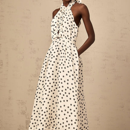 Beatrice White and Black Color Block Halterneck Midi Dress with Polka Dot Bow Embellishment