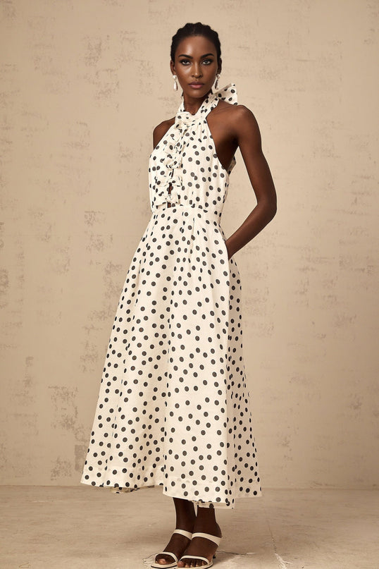 Beatrice White and Black Color Block Halterneck Midi Dress with Polka Dot Bow Embellishment