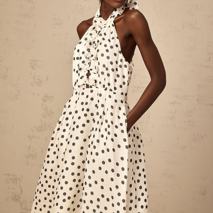 Beatrice White Black Color Block Halterneck Midi Dress with Polka Dot Bow Detail