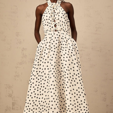 Beatrice White Black Color Block Halterneck Midi Dress with Polka Dot Bow Embellishment