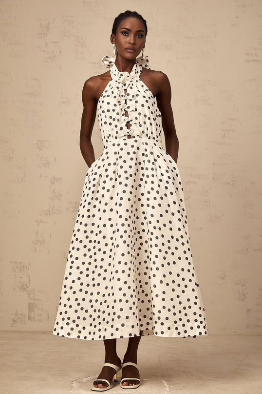 Beatrice White Black Color Block Halterneck Midi Dress with Polka Dot Bow Embellishment