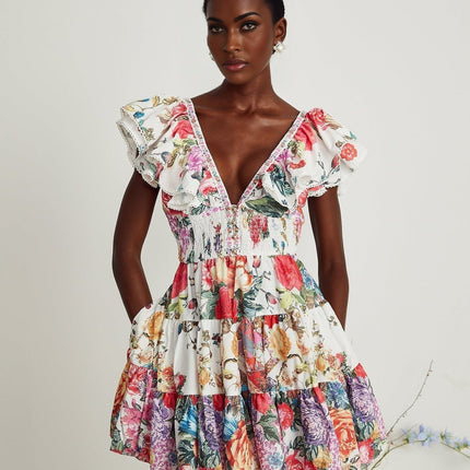Beatrice White Crystal Embellished Floral Mini Dress V-Neck Ruffled Pleat Detailing Elasticated Waist Button Fastening Cotton Flax Composition