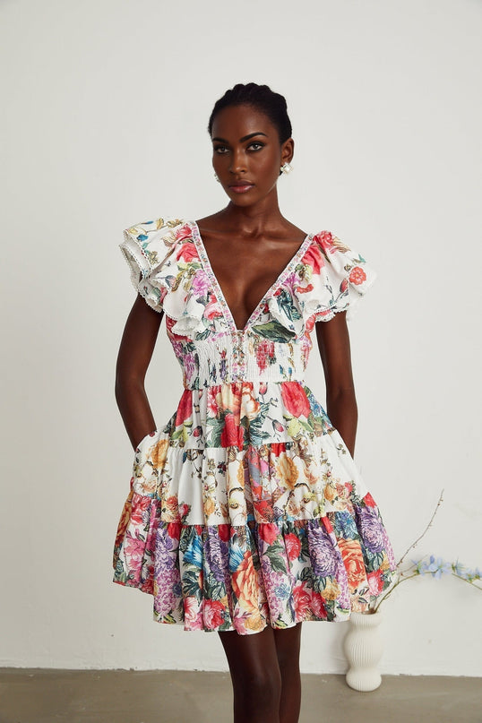 Beatrice White Crystal Embellished Floral Mini Dress V-Neck Ruffled Pleat Detailing Elasticated Waist Button Fastening Cotton Flax Composition