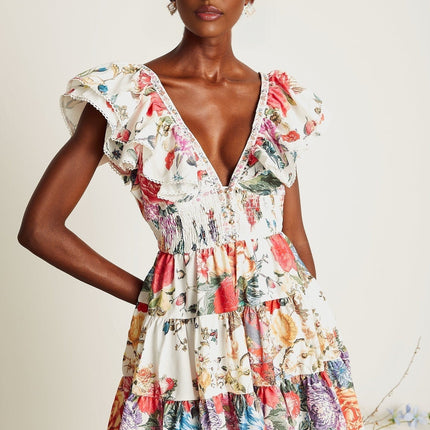 Beatrice White Crystal Embellished Floral Mini Dress V-Neck Ruffled Pleat Detailing Shirred Panel Elasticated Waist Button Fastening 50 Cotton 50 Flax