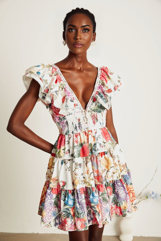 Beatrice White Crystal Embellished Floral Mini Dress V-Neck Ruffled Pleat Detailing Shirred Panel Elasticated Waist Button Fastening 50 Cotton 50 Flax