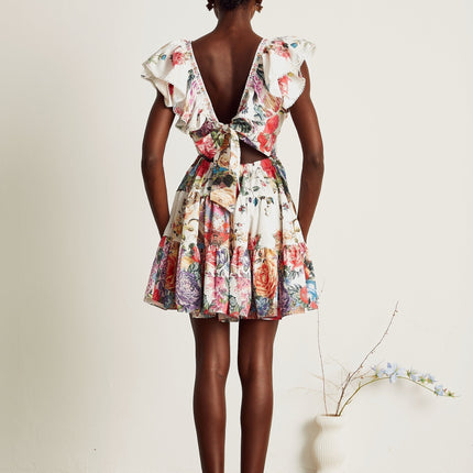 Beatrice White Crystal Floral Mini Dress V-Neck Ruffled Pleat Shirred Panel Elasticated Waist Button Fastening Cotton Flax