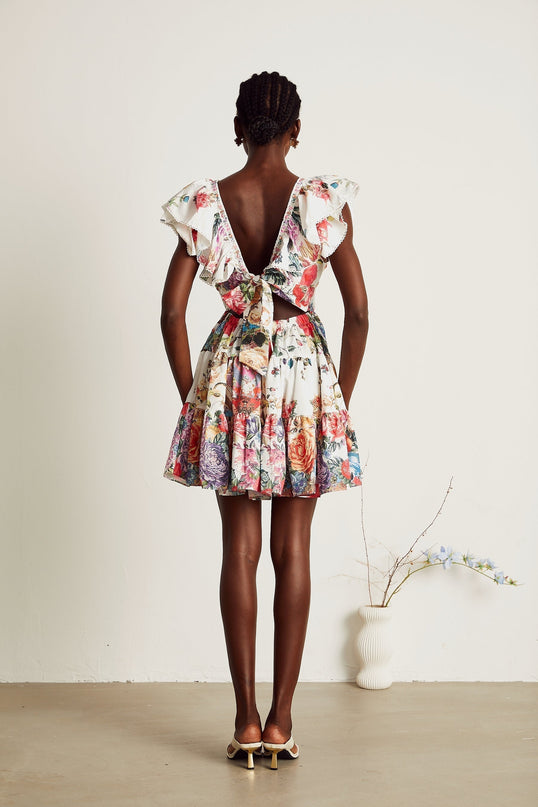 Beatrice White Crystal Floral Mini Dress V-Neck Ruffled Pleat Shirred Panel Elasticated Waist Button Fastening Cotton Flax