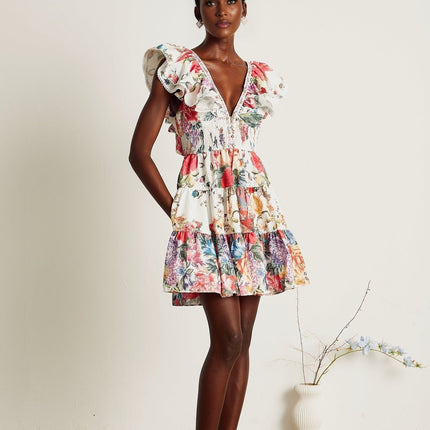 Beatrice White Floral Crystal Embellished Mini Dress V-Neck Ruffled Pleat Detailing Shirred Panel Elasticated Waist Button Fastening Cotton Flax