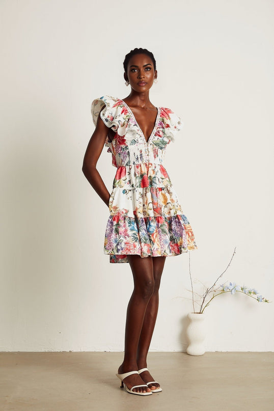 Beatrice White Floral Crystal Embellished Mini Dress V-Neck Ruffled Pleat Detailing Shirred Panel Elasticated Waist Button Fastening Cotton Flax