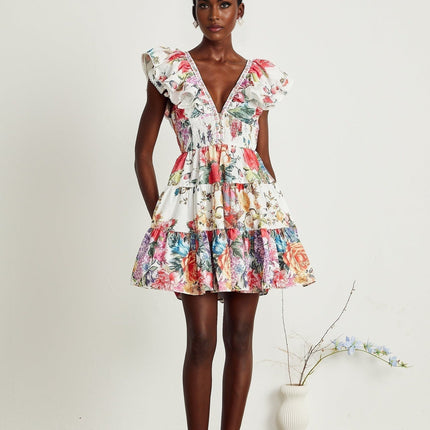 Beatrice White Floral Crystal Embellished Mini Dress V-Neck Ruffle Pleat Detailing Button Fastening Cotton Flax