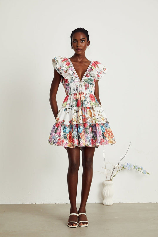 Beatrice White Floral Crystal Embellished Mini Dress V-Neck Ruffle Pleat Detailing Button Fastening Cotton Flax