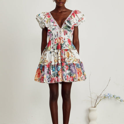Beatrice White Floral Crystal Embellished Mini Dress V-Neck Ruffled Pleat Detailing Button Fastening Cotton Flax