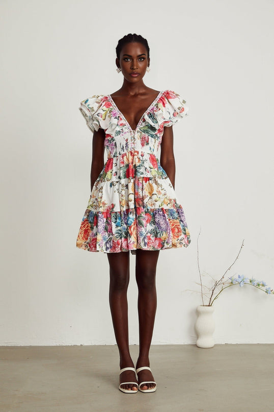 Beatrice White Floral Crystal Embellished Mini Dress V-Neck Ruffled Pleat Detailing Button Fastening Cotton Flax