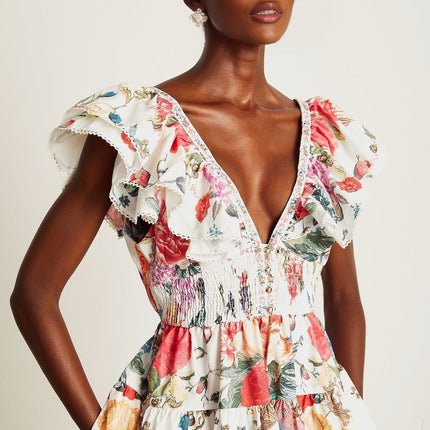 Beatrice White Floral Crystal Embellished Mini Dress V-Neck Ruffled Pleat Detailing Button Fastening Cotton Flax