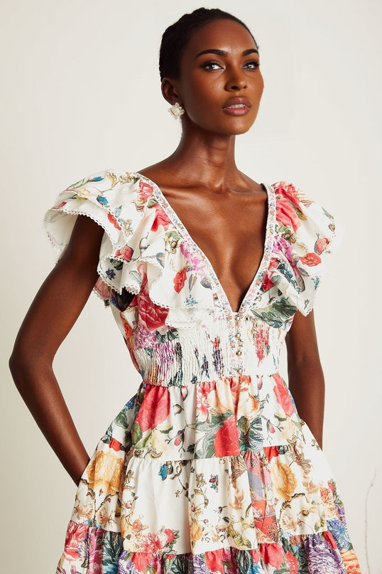 Beatrice White Floral Crystal Embellished Mini Dress V-Neck Ruffled Pleat Detailing Button Fastening Cotton Flax