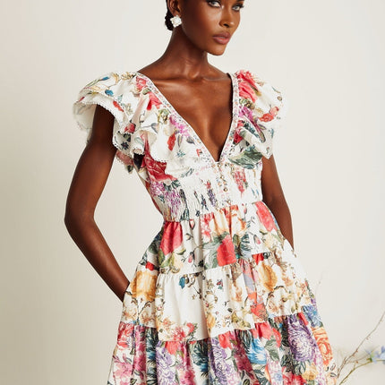 Beatrice White Floral Crystal Embellished Mini Dress V-Neck Ruffled Pleat Detailing Elasticated Waist Button Fastening